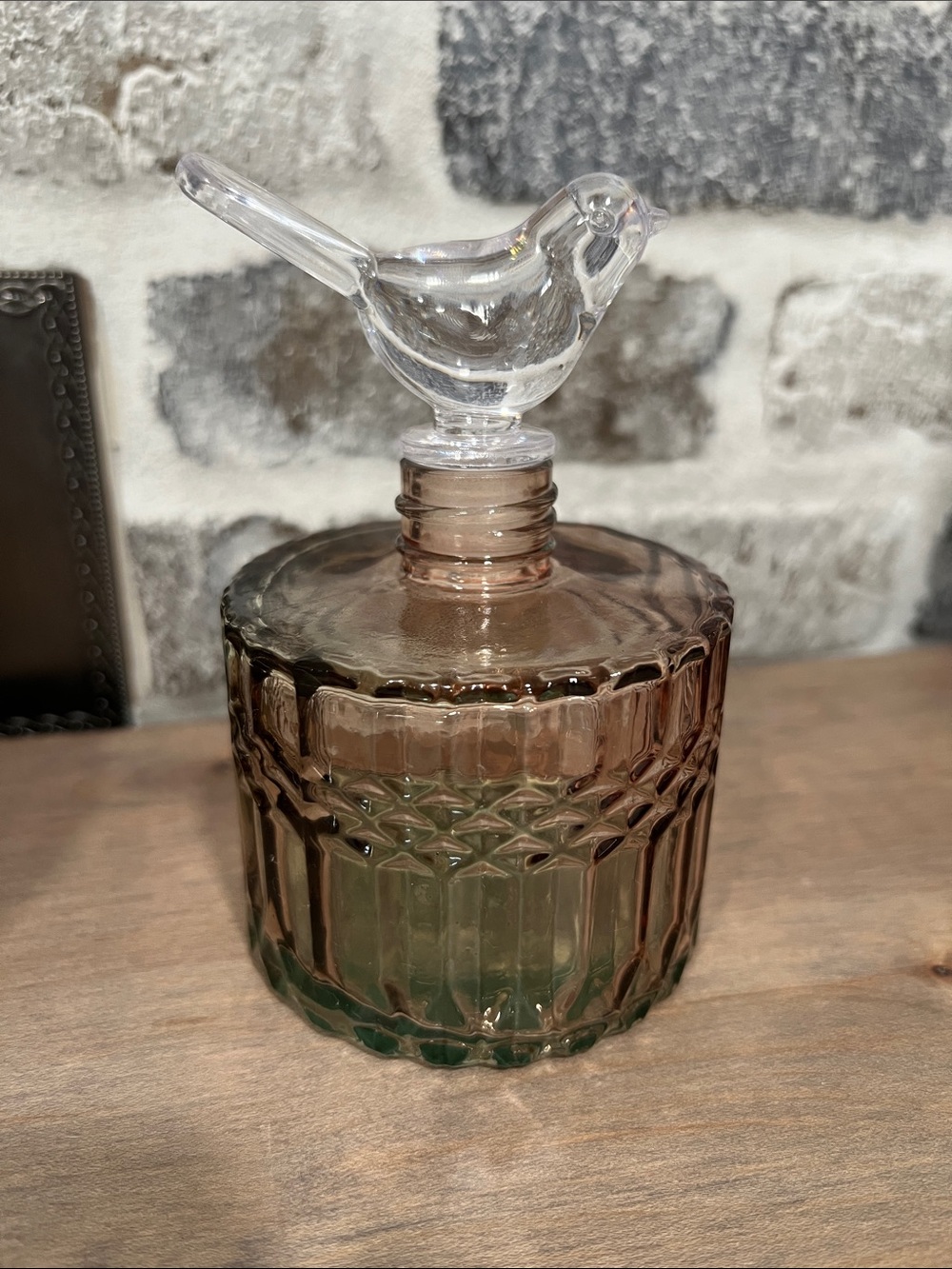 Glass Bird-Topped Vanity Jar in Smoky Rose Brown and Clear